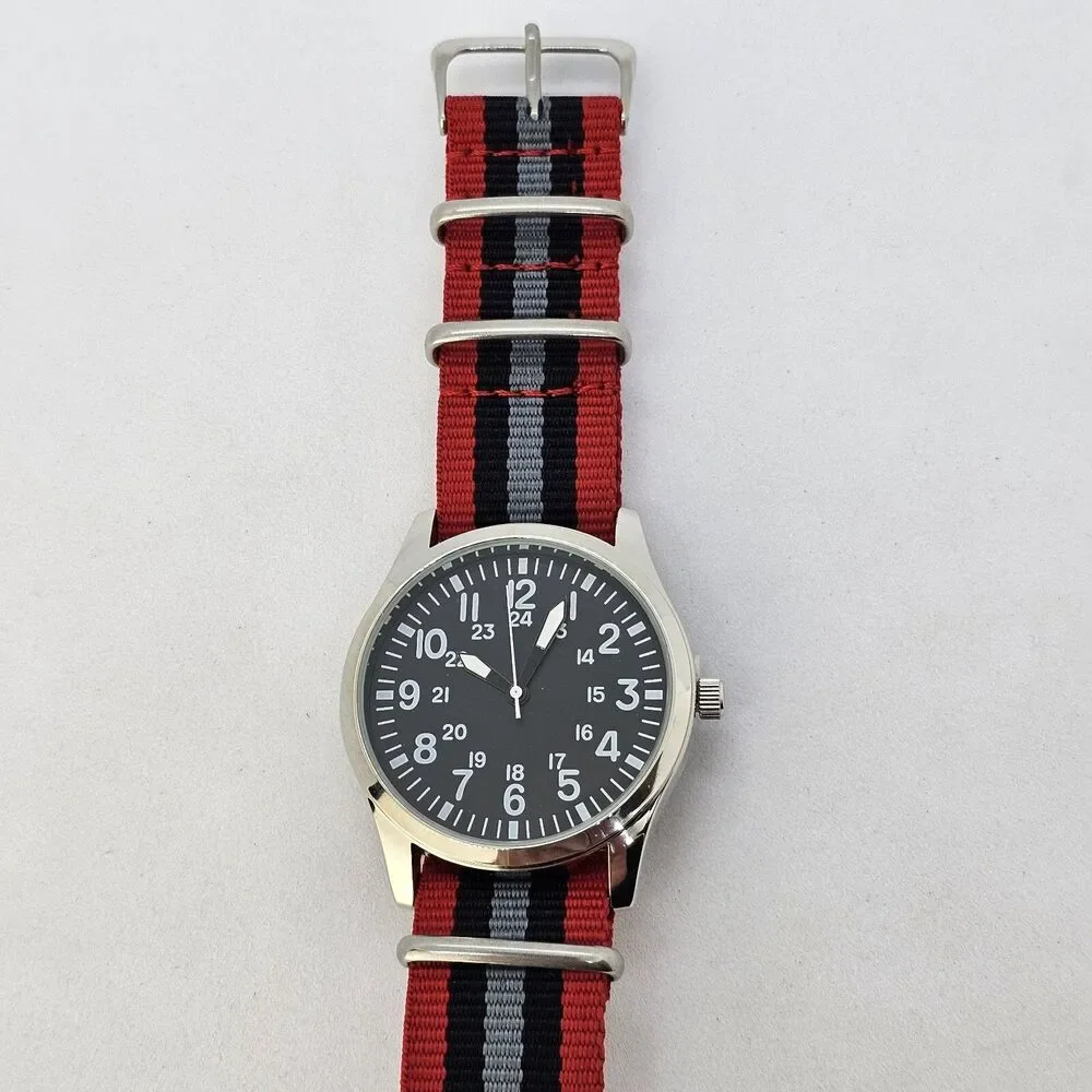 Men's Field Military Watch 42MM Black Dial Red Black Gray‎ Canvas Band Strap
